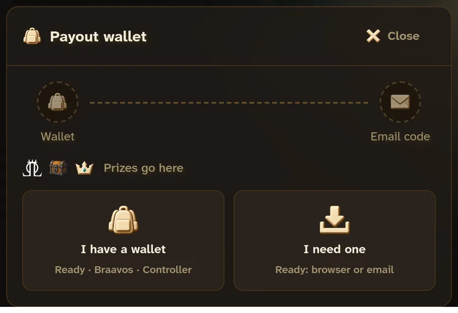 Settings, Payout wallet: I have a wallet, or I need one.