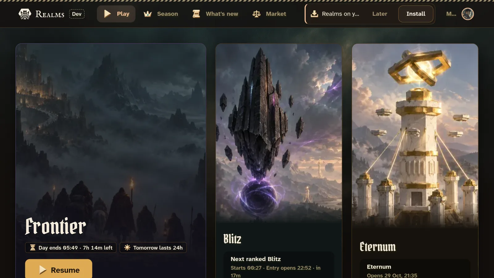 Play's Blitz column: the next ranked game, its start, and when its entry opens.